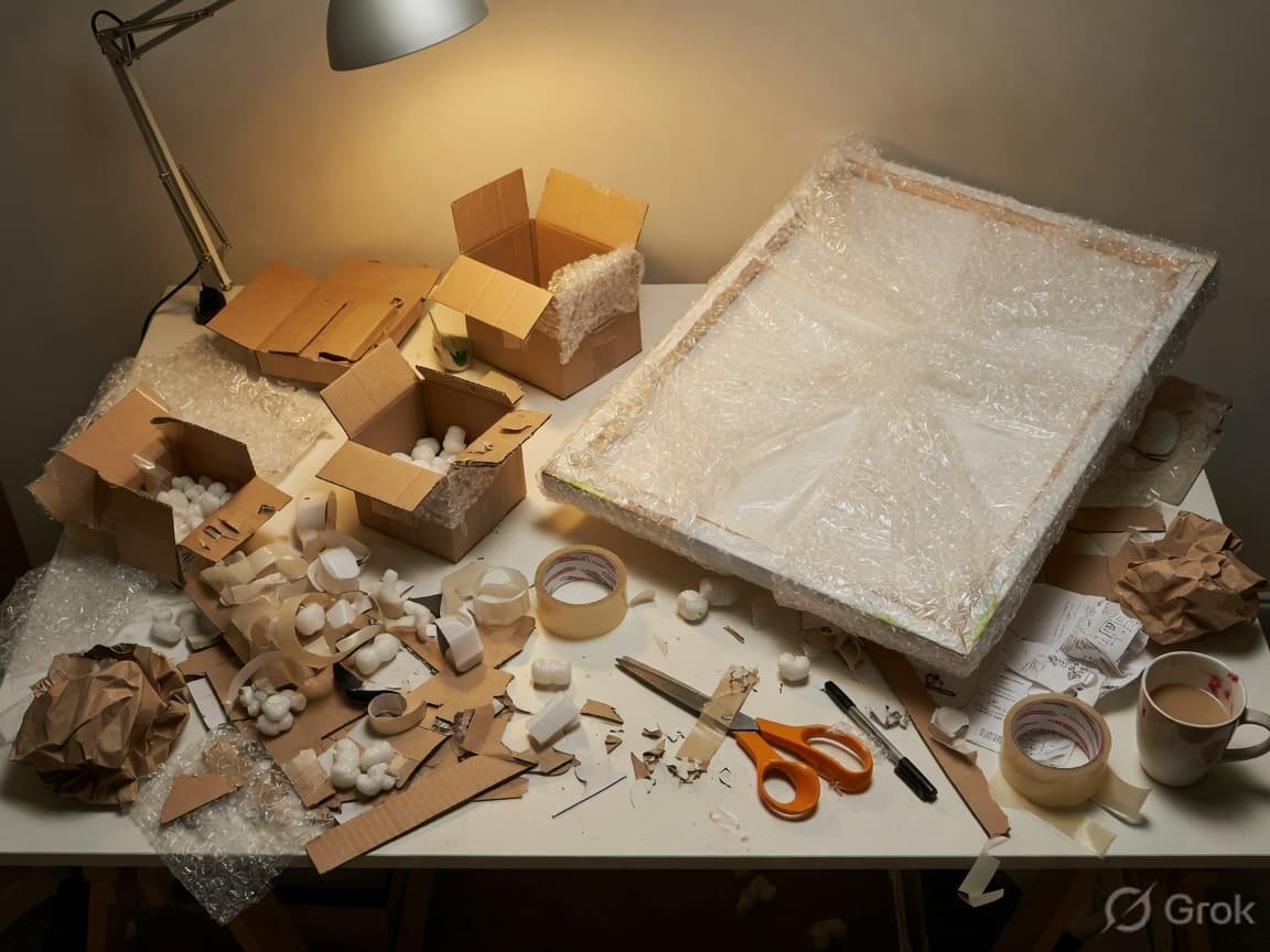 Messy bubble wrap and mismatched boxes around a half-packed canvas